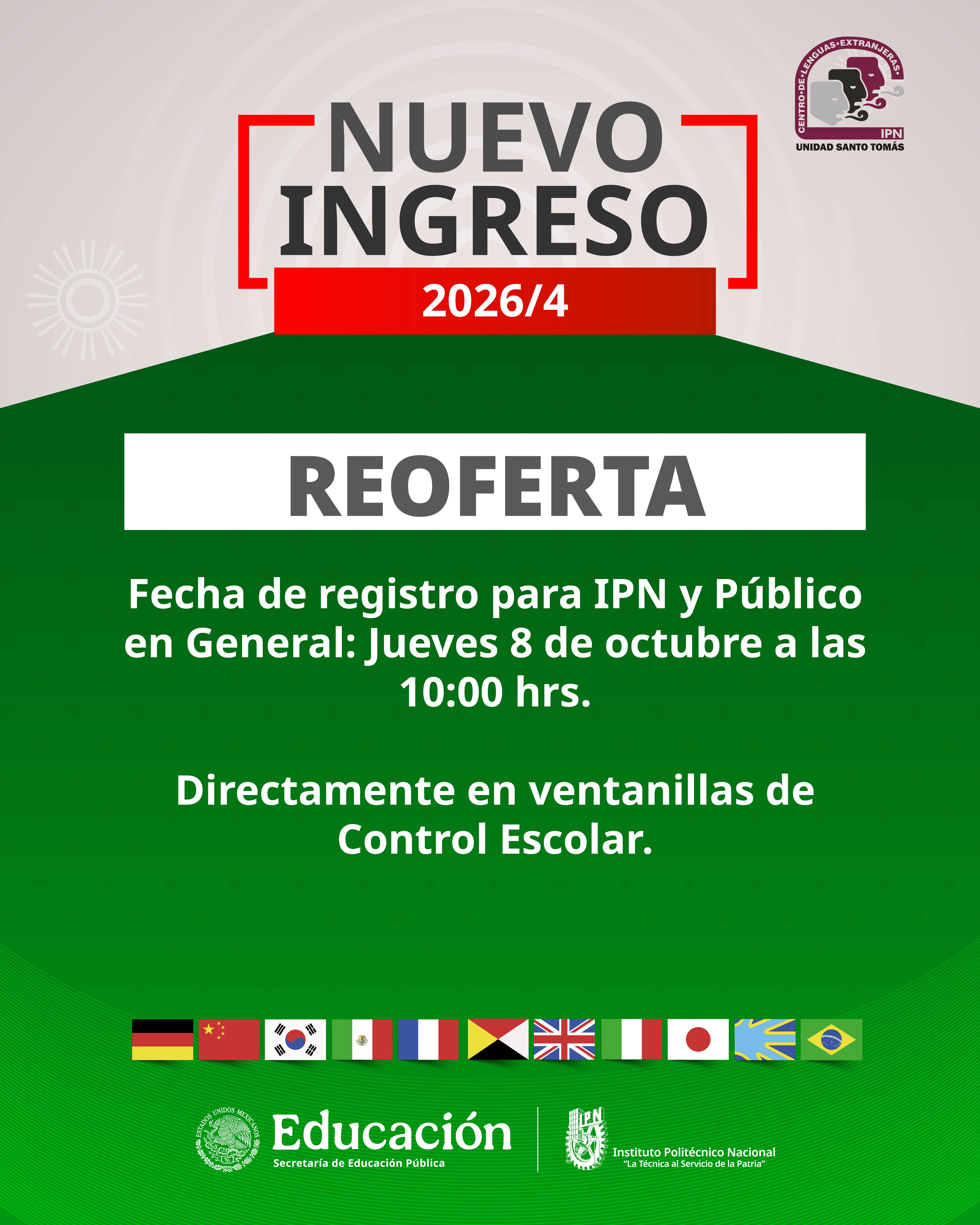 Convocatoria Nuevo Ingreso bimestre 2026/2